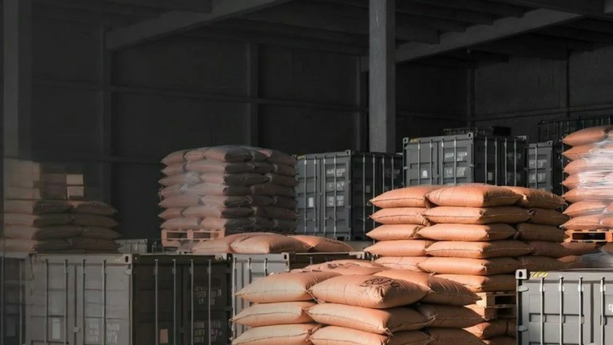 Entrepôt de stockage agroalimentaire, sacs palettisés et conteneurs